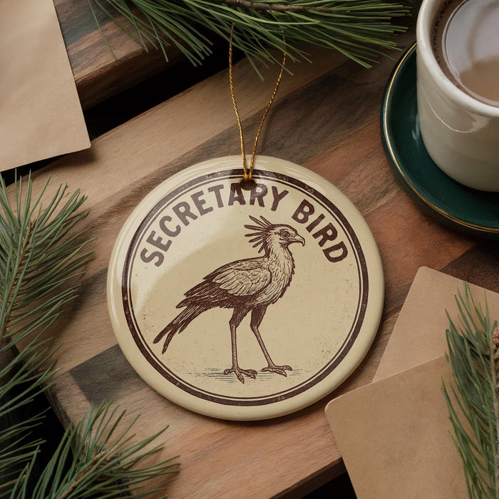 a round ornament with the text "SECRETARY BIRD" and an illustration of a bird, placed on a wooden surface next to a cup of coffee and some pine branches.