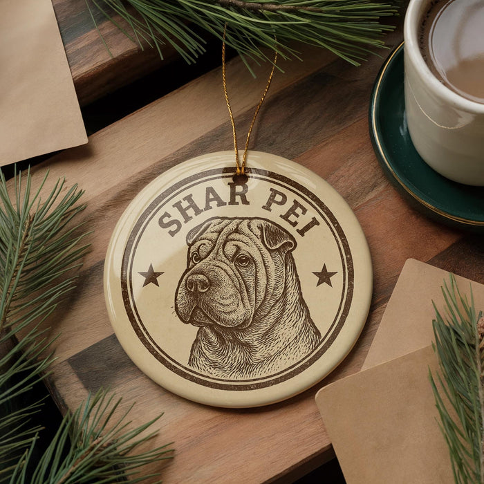 A circular ornament featuring a Shar Pei dog, with the text "SHAR PEI" prominently displayed, is placed on a wooden surface alongside a cup of coffee and some pine branches.