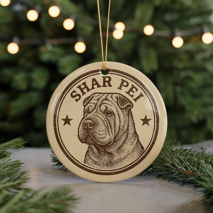A circular ornament featuring a Shar Pei dog, with the text "SHAR PEI" prominently displayed.
