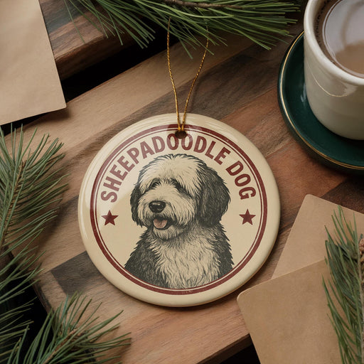 A circular ornament featuring a sheepdog image, with the text "SHEPADOLE DOG" printed on it, is displayed on a wooden surface alongside a cup of coffee and some pine branches.