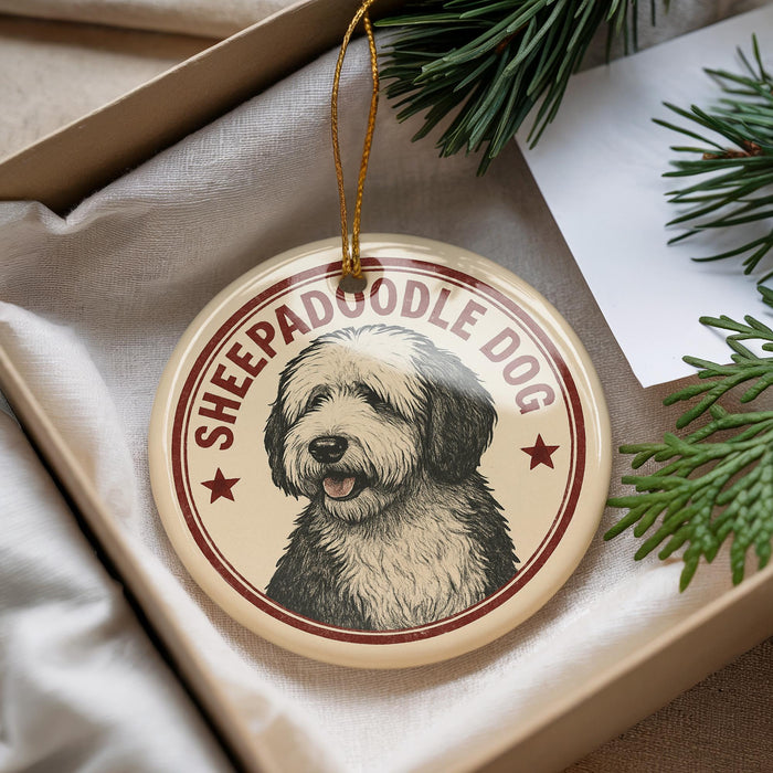 A circular ornament featuring a dog's face, with the text "SHEEPADOLE DOG" printed on it.