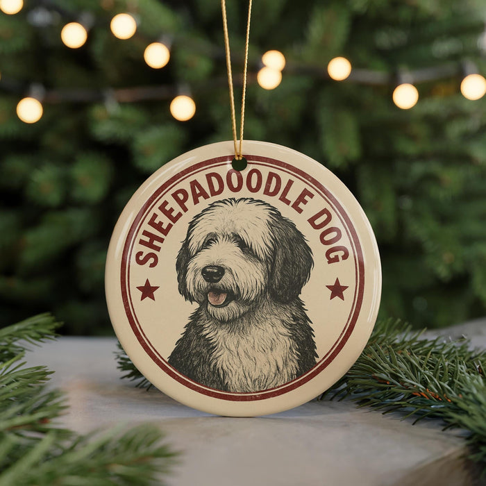 A circular ornament featuring a dog's face, with the text "SHEPADOOLE DOG" printed on it, hanging from a string.