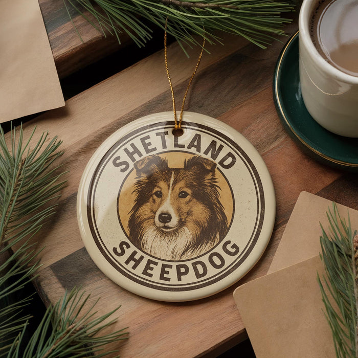 A circular ornament featuring a Shetland Sheepdog, a breed of dog, is displayed on a wooden surface alongside a cup of coffee and some pine branches.