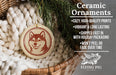 Ceramic ornaments, featuring a dog image, are displayed in a wicker basket.