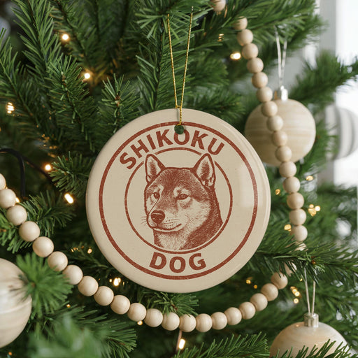 A Christmas tree decorated with ornaments, including a circular ornament with a picture of a dog and the text "SHIKOKU DOG" on it.