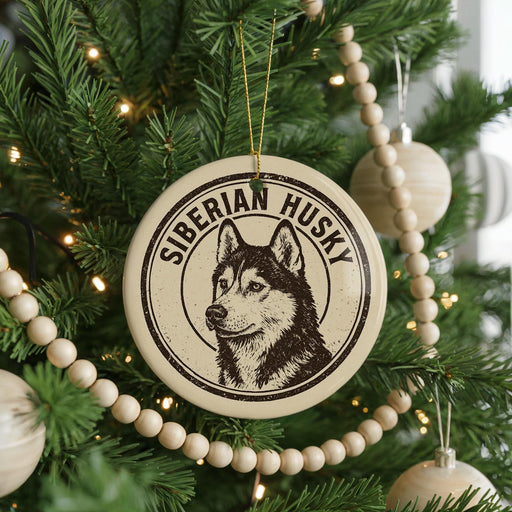 A round ornament on a Christmas tree featuring a picture of a Siberian husky.