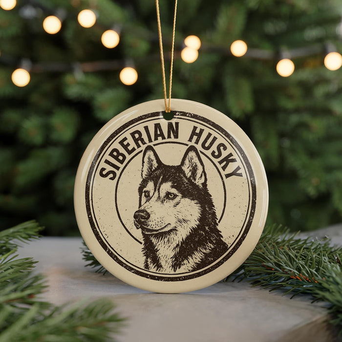 A round ornament featuring a close-up of a Siberian husky's head, with the text "SIBERIAN HUSKY" around the edge.