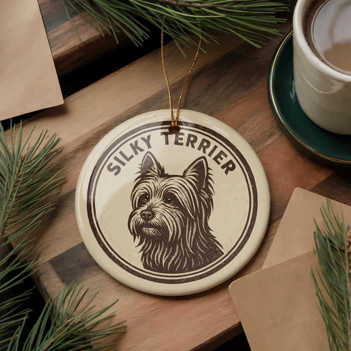A ceramic ornament featuring a portrait of a silky terrier dog, with the text "SILKY TERRIER" around the image. The ornament is placed on a wooden surface, with pine branches and a cup of coffee nearby.
