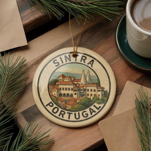 A decorative ornament featuring the image of Sintra, a Portuguese island, surrounded by pine branches and a cup of coffee on a wooden surface.