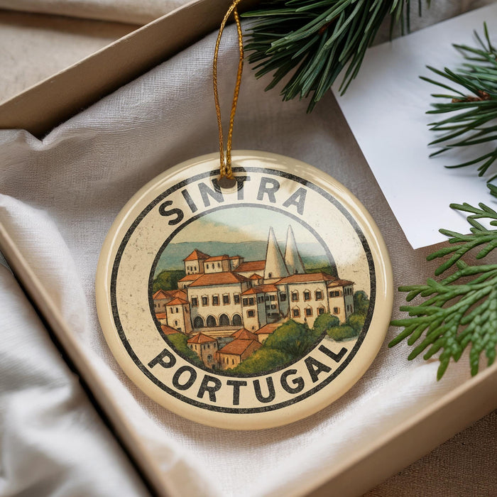 A circular ornament with a picture of a town, surrounded by greenery, is displayed in a box.