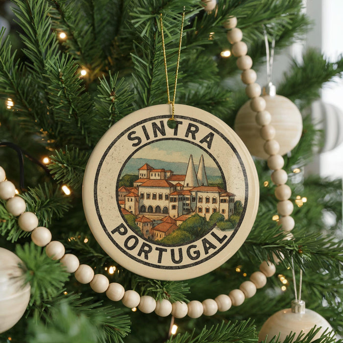 A circular ornament on a Christmas tree, featuring a picture of a cityscape with the text "SINTRA PORTUGAL" around the edge.