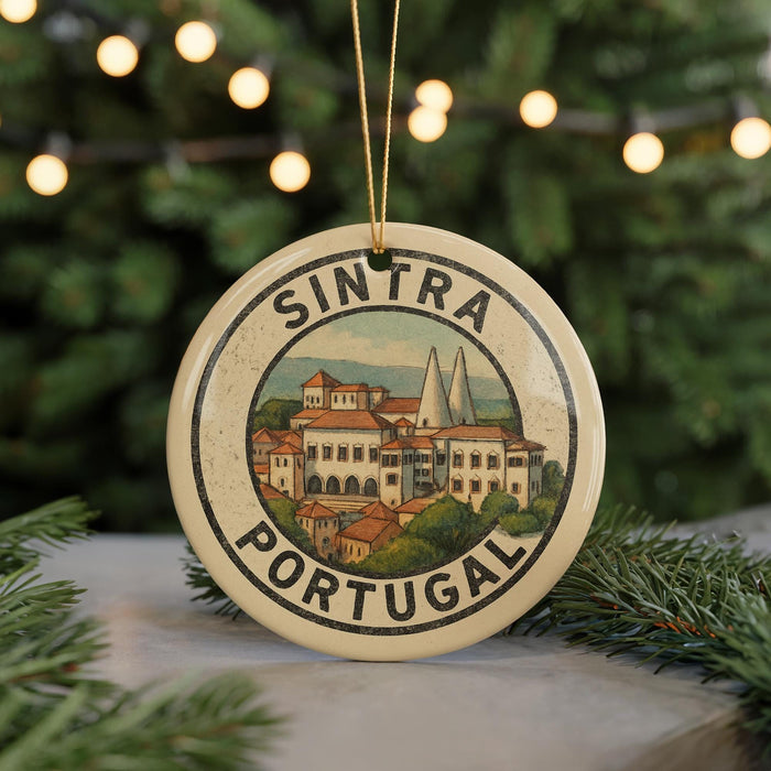 A circular ornament with the text "SINTA PORTUGAL" and an illustration of a town or village, hanging from a string.