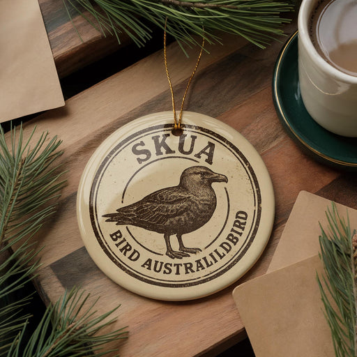 A circular ornament with the text "SKUA BIRD AUSTRALIBIRD" and an illustration of a bird is displayed on a wooden surface, surrounded by pine branches and a cup of coffee.