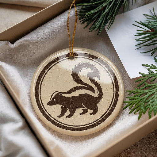 A round ornament featuring a black and white illustration of a skunk is displayed in a box, surrounded by pine branches.