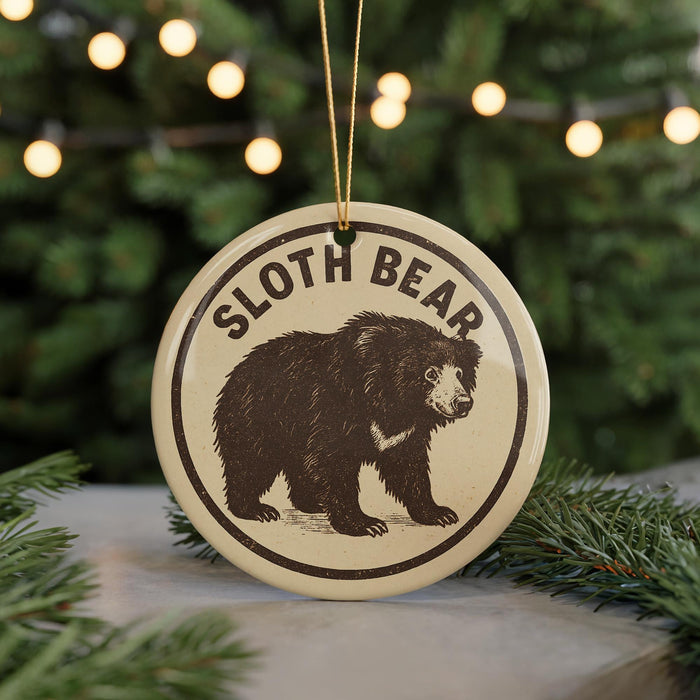 A round ornament featuring a sloth bear image, with the text "SLOTH BEAR" printed on it.