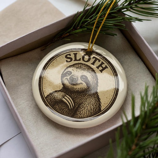 A circular ornament featuring a sloth, a type of slow-moving mammal, is displayed in a box with pine branches.