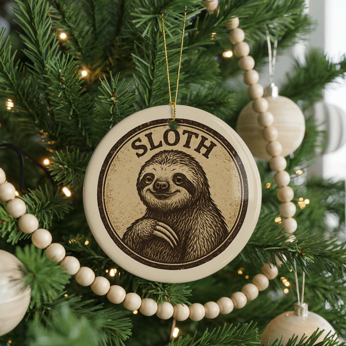 A Christmas tree decorated with ornaments, including a circular ornament featuring a sloth.