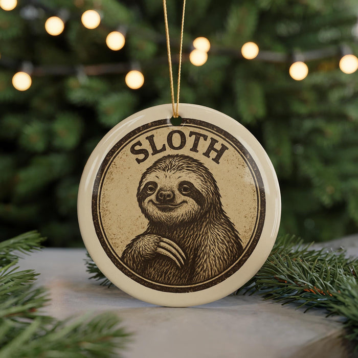 A round ornament featuring a smiling sloth on a Christmas tree.