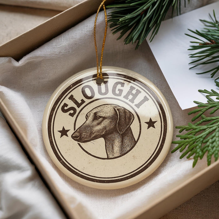 A round ornament with a dog's head and the word "SLOUGHI" printed on it, hanging from a string.