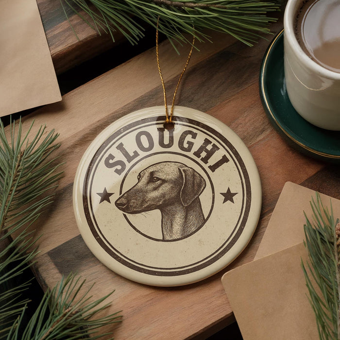 A circular ornament with the name "SLOUGHI" and a dog's head image is displayed on a wooden surface, surrounded by pine branches and a cup of coffee.
