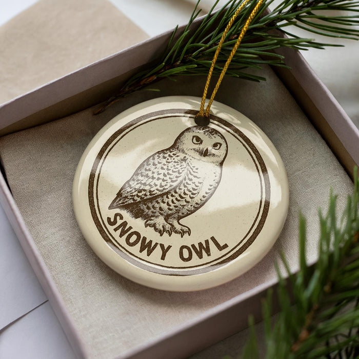 A round ornament with a picture of a snowy owl on it, placed inside a box with pine branches.