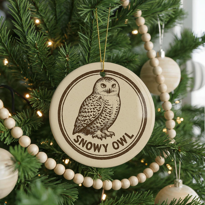 A Christmas tree decorated with ornaments, including a circular ornament featuring a snowy owl.