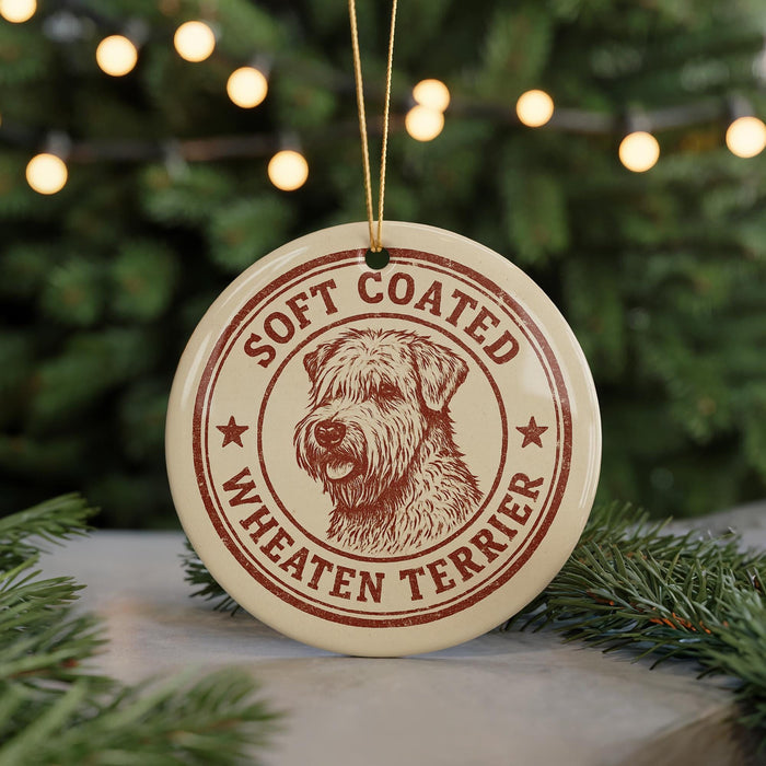 A round ornament with a dog's head and the text "Soft Coated Wheaten Terrier" printed on it, hanging from a string.
