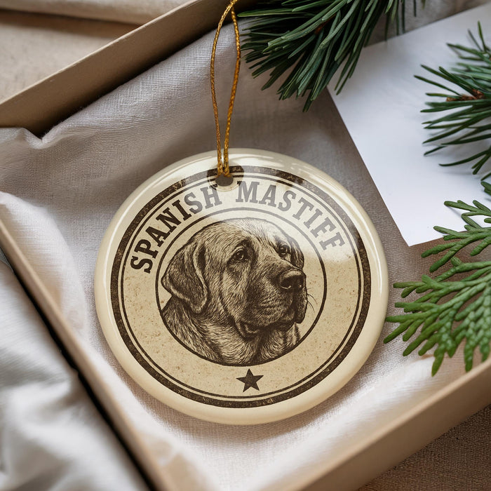 A round ornament with a dog image and the text "SPANISH MASTIFF" printed on it, placed in a box with pine branches.