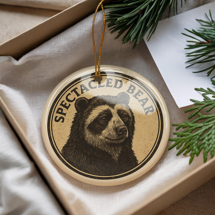 A round ornament with a bear image and the text "SPECTACLE BEAR" is displayed in a box, surrounded by pine branches.