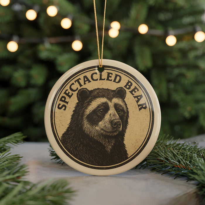 A circular ornament featuring a close-up image of a spectacled bear, with the text "SPECTACLEED BEAR" printed on it.