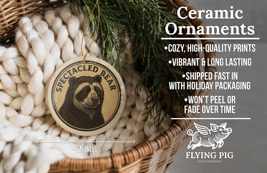 Ceramic ornaments featuring a ceramic bear image, placed in a woven basket with pine branches.