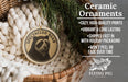 Ceramic ornaments featuring a ceramic bear image, placed in a woven basket with pine branches.