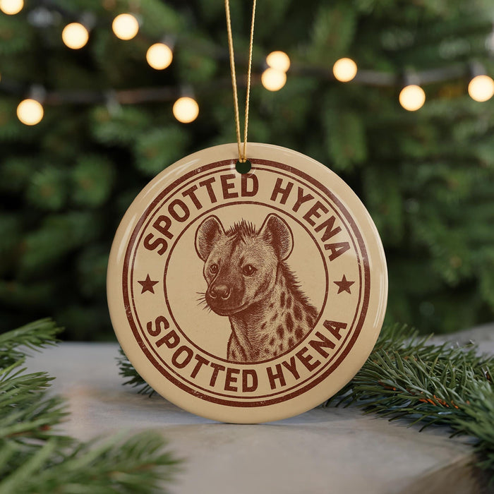 A circular ornament with a spotted hyena image and the text "SPOTTED HYENA" printed on it, hanging from a string.