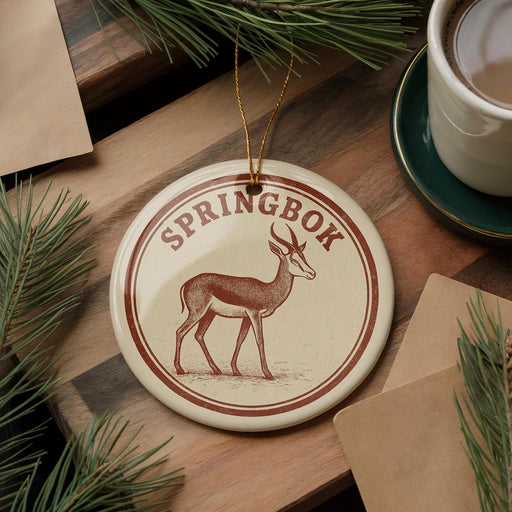 A round ornament with the word "Springbok" printed on it, featuring an illustration of a gazelle or deer. The ornament is hanging from a string, and there is a cup of coffee and some pine branches in the background.