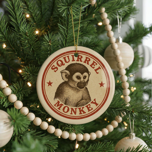 A round ornament with a monkey image is hanging on a Christmas tree, surrounded by other ornaments and lights.