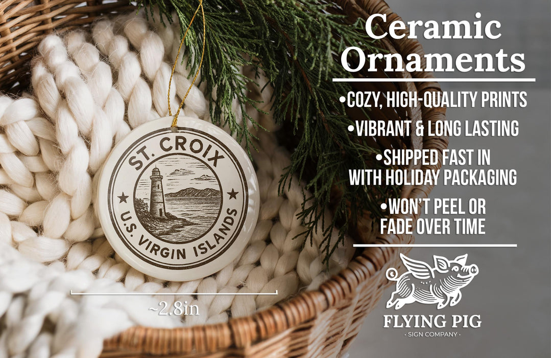 a ceramic ornament hanging from a wicker basket, with a description of the ornament and its features.