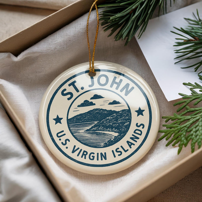 A circular ornament with the text "St. John, US Virgin Islands" printed on it, hanging from a string.