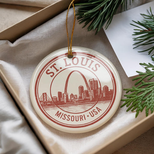 A decorative ornament with a circular design featuring the St. Louis, Missouri skyline and the Gateway Arch, hanging from a string.