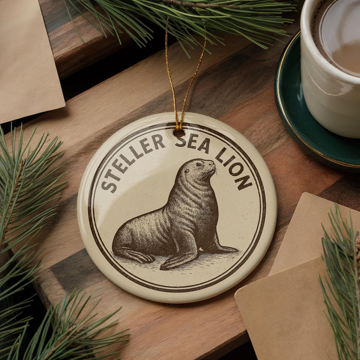 A round ornament featuring a seal on a wooden surface, with a cup of coffee and pine branches in the background.