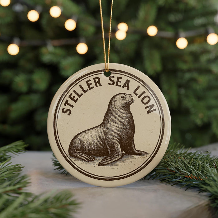A round ornament featuring a seal on a tree branch, with the text "Steller Sea Lion" around the seal.