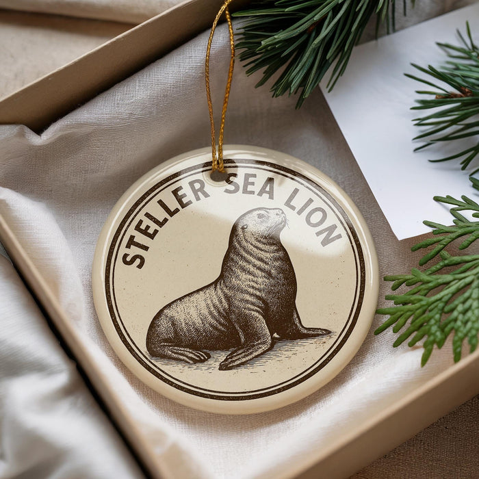 A round ornament with a seal sitting on a rock, surrounded by pine branches and a white card.