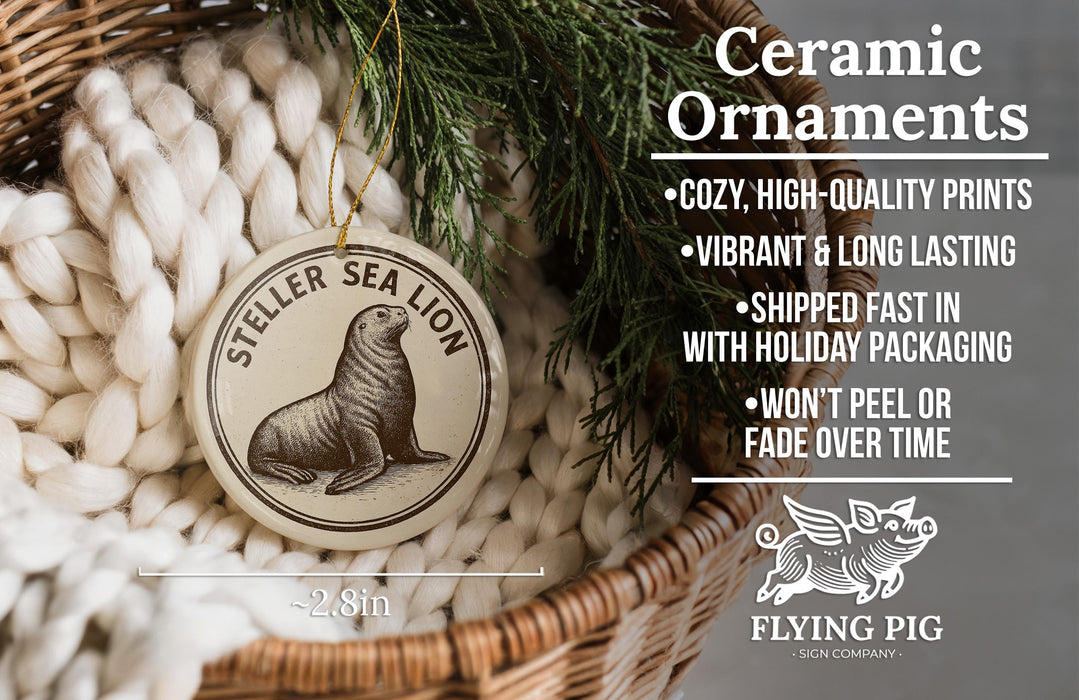 Ceramic ornaments, featuring a seal and a winged pig, are displayed in a woven basket.