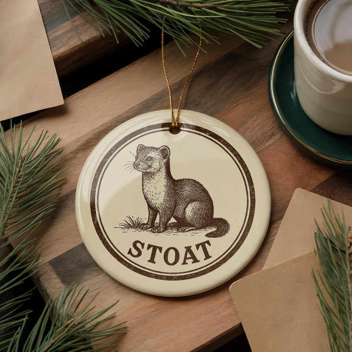 A round ornament featuring a cartoon illustration of a weasel, with the word "STOAAT" written around the edge. The ornament is placed on a wooden surface, surrounded by pine branches and a cup of coffee.