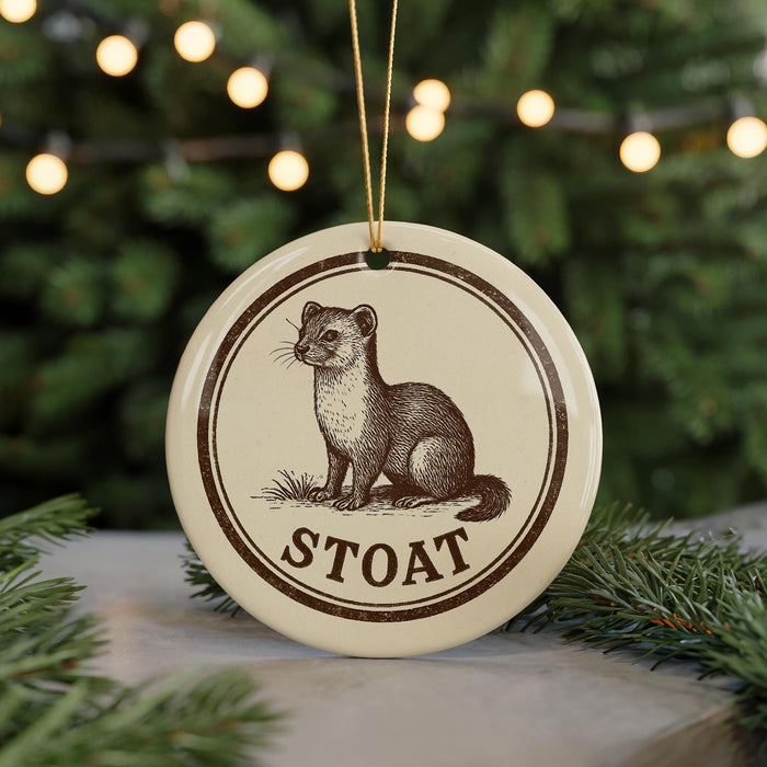 A round ornament with a brown and white illustration of a weasel, and the word "STOAAT" written below it, is hanging from a string.
