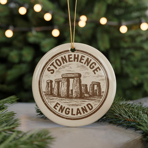 A circular ornament with the text "STONEHENGE ENGLAND" and an illustration of Stonehenge, a famous landmark in England, is displayed in front of a Christmas tree with twinkling lights.