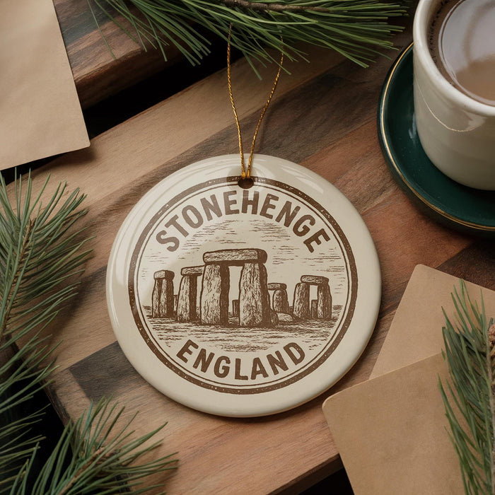 A circular ornament with the text "STONEHENGE ENGLAND" and an illustration of Stonehenge, a famous landmark in England, is displayed on a wooden surface.