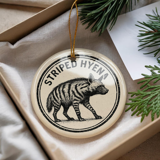 A decorative ornament featuring a striped hyena, a type of wild dog, is displayed in a box with pine branches.