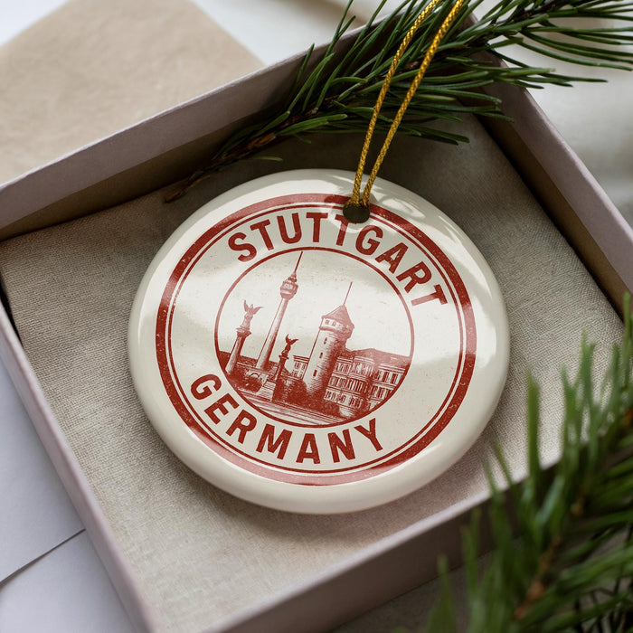 A circular ornament with the text "STUTTGART GERMANY" printed on it, placed inside a box with pine branches.