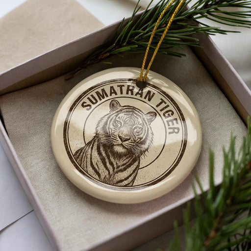 A decorative ornament featuring a close-up image of a tiger's face, with the text "SUMATRAN TIGER" printed on it. The ornament is placed inside a box, surrounded by pine branches.