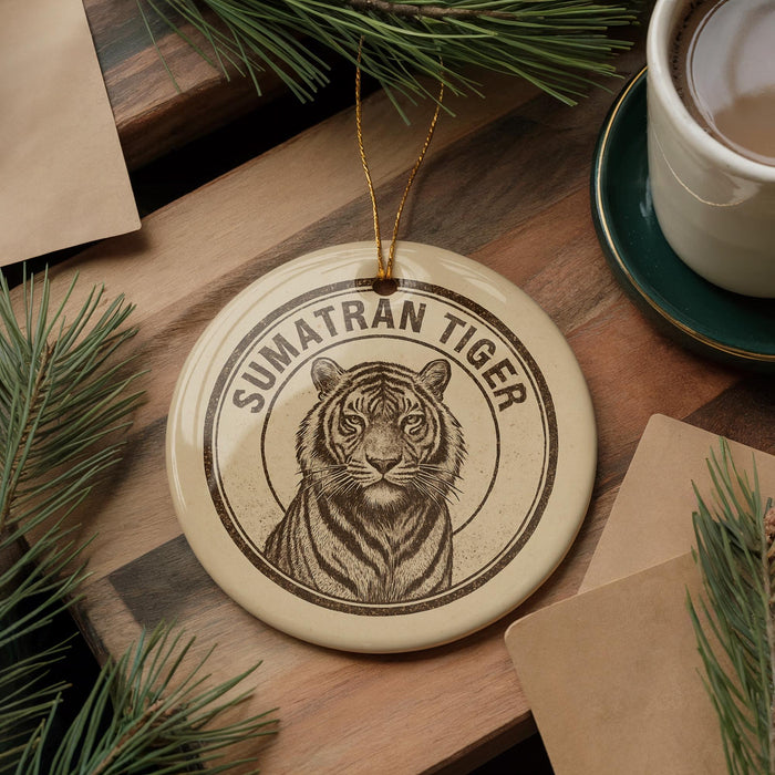 A round ornament featuring a tiger's face is displayed on a wooden surface, surrounded by pine branches and a cup of coffee.